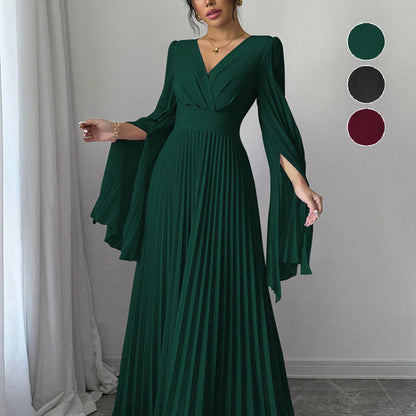 Women's High-waisted Long Deep-V-neck Long-sleeve Flared-sleeve Dress