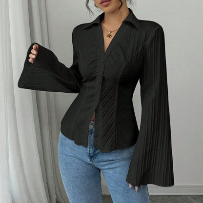 Elegant V-neck Single-breasted Solid-color Striped Blouse For Women