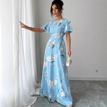 Floral Crew-neck Short-sleeve Waist-cinching Dress