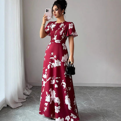 Floral Crew-neck Short-sleeve Waist-cinching Dress