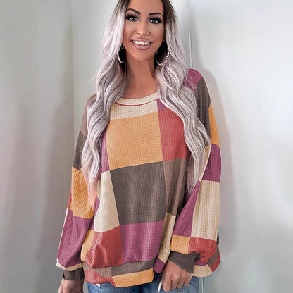 Women's Casual Versatile Color-blocked Round Neck Sweatshirt