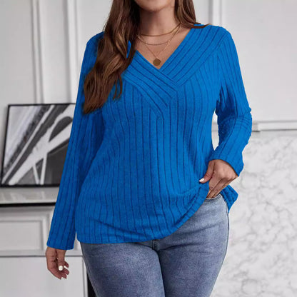 Autumn And Winter Solid Color Plus-size Cross V-neck Long-sleeve Ribbed Brushed Pullover T-shirt Top