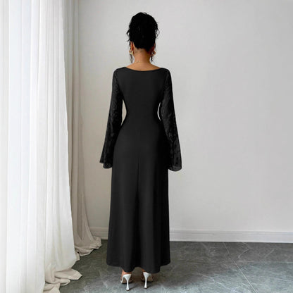 Lady's Elegant Temperament Retro Solid Color Square Neck Long Sleeve Trumpet Sleeve Dress