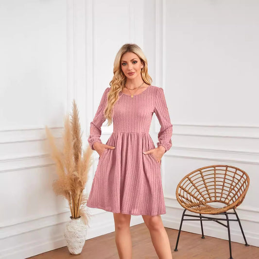 Round Neck Pocket Knitted Sweater Long Sleeve A- Line Dress