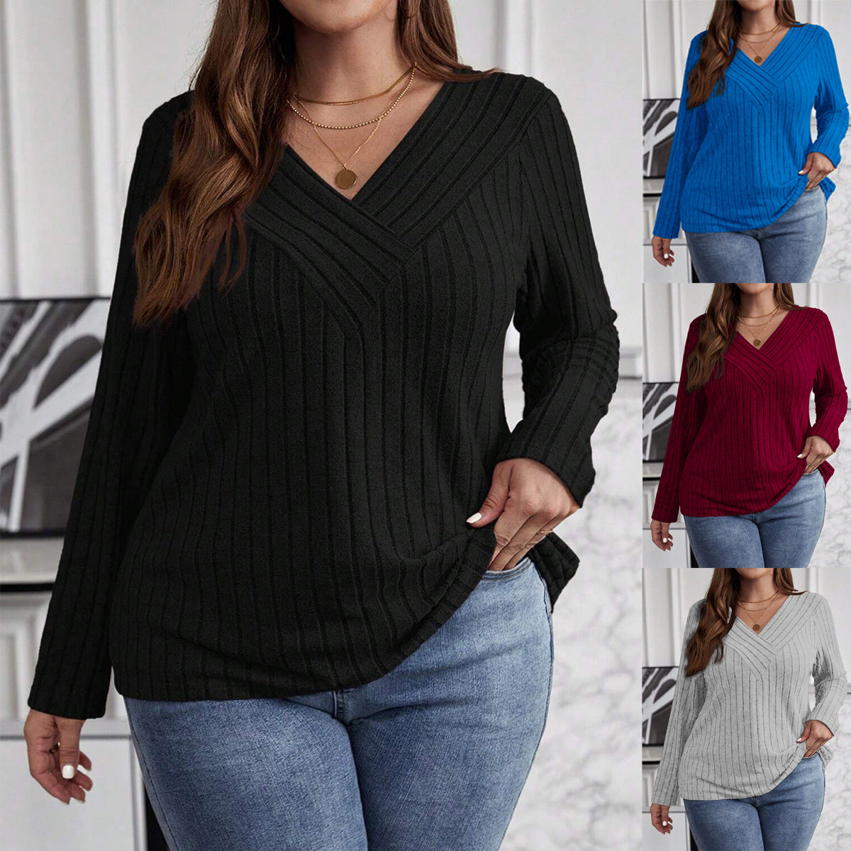 Autumn And Winter Solid Color Plus-size Cross V-neck Long-sleeve Ribbed Brushed Pullover T-shirt Top