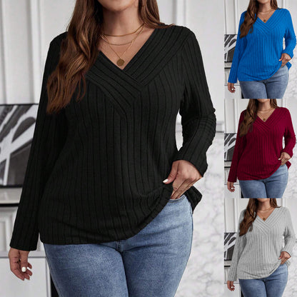 Autumn And Winter Solid Color Plus-size Cross V-neck Long-sleeve Ribbed Brushed Pullover T-shirt Top