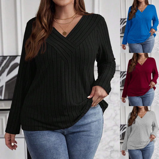 Autumn And Winter Solid Color Plus-size Cross V-neck Long-sleeve Ribbed Brushed Pullover T-shirt Top