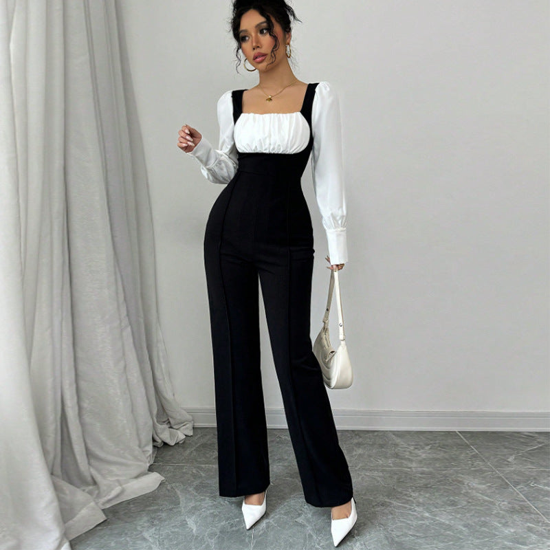 Long-sleeve Color-block Jumpsuit With Pants