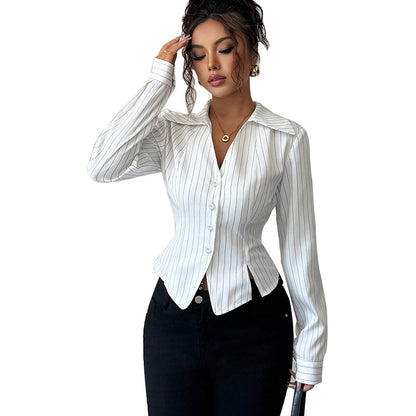Autumn New Temperament Stripe Long Sleeve Shirt Women's Clothing