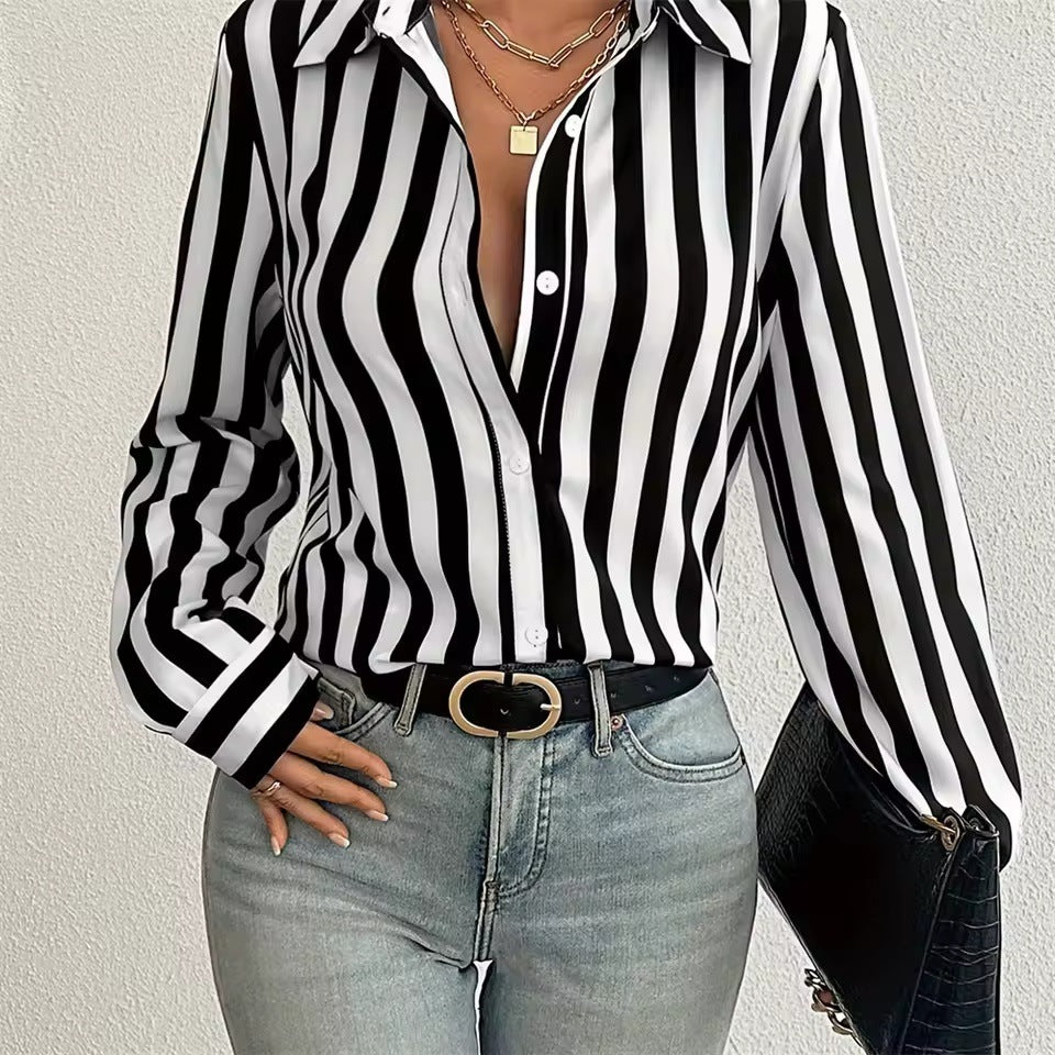Womens Fashion Striped 3D-Printed Long-Sleeve Shirt