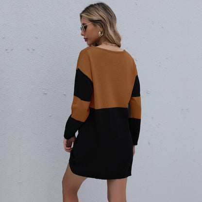 Women's Fashionable Temperament Round Neck Colorblock Sweater Dress