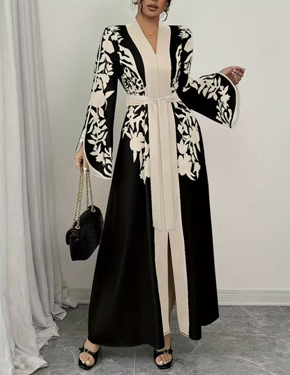 Women's V-neck Long Cardigan Printed Flared Long-sleeve Lace-up Dress
