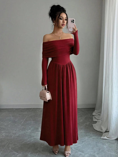 Women's Solid-Color French-Style Off-the-Shoulder Knitted Dress