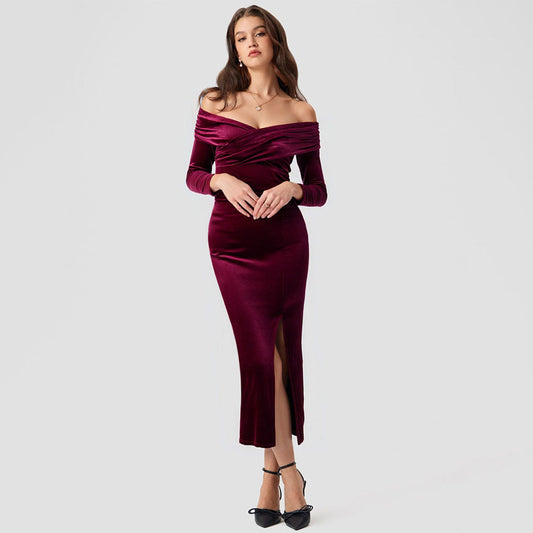 Golden Velvet Bodycon Mermaid Women's New Cross V-Neck One-Shoulder Slit Long Dress