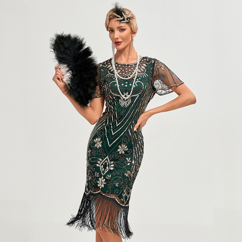 Womens Retro Party Sequin Tassel Dress