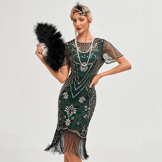 Womens Retro Party Sequin Tassel Dress