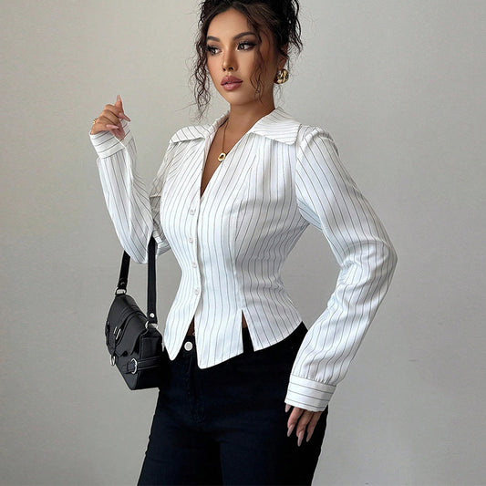 Autumn New Temperament Stripe Long Sleeve Shirt Women's Clothing