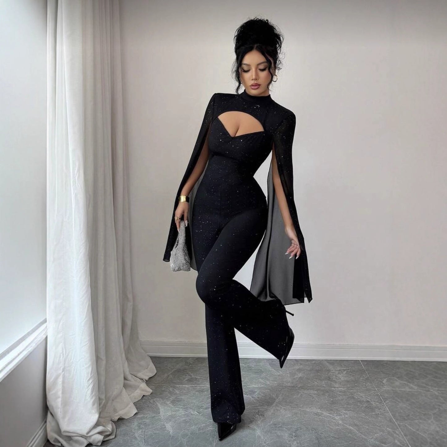 Women's Crew-neck Ribbed Chiffon Cape-style Bodycon Jumpsuit