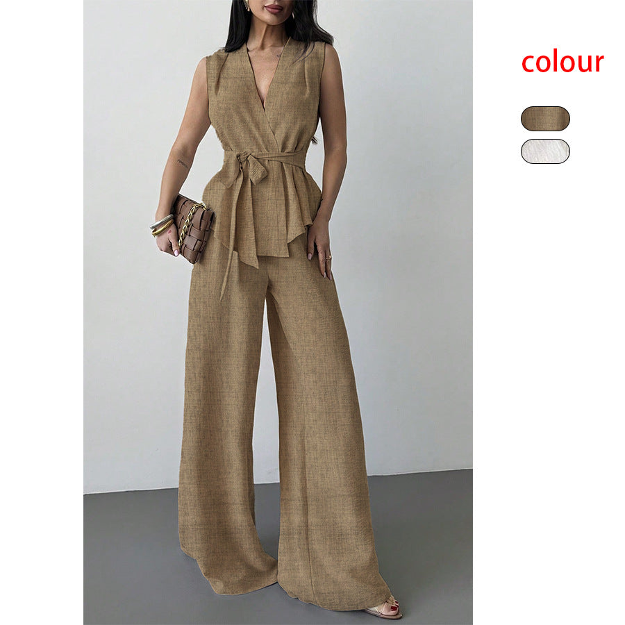 Lace-up V-neck Vest Top And Pants Two-piece Set