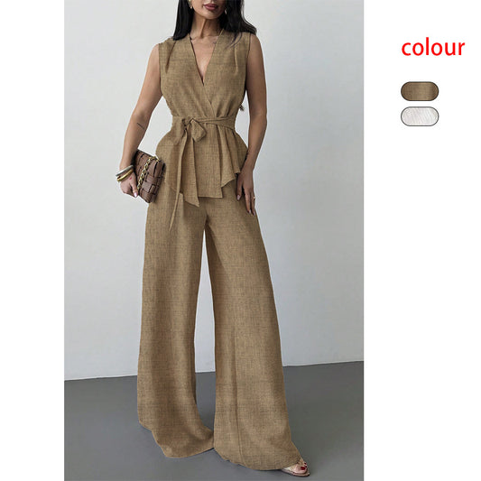 Lace-up V-neck Vest Top And Pants Two-piece Set