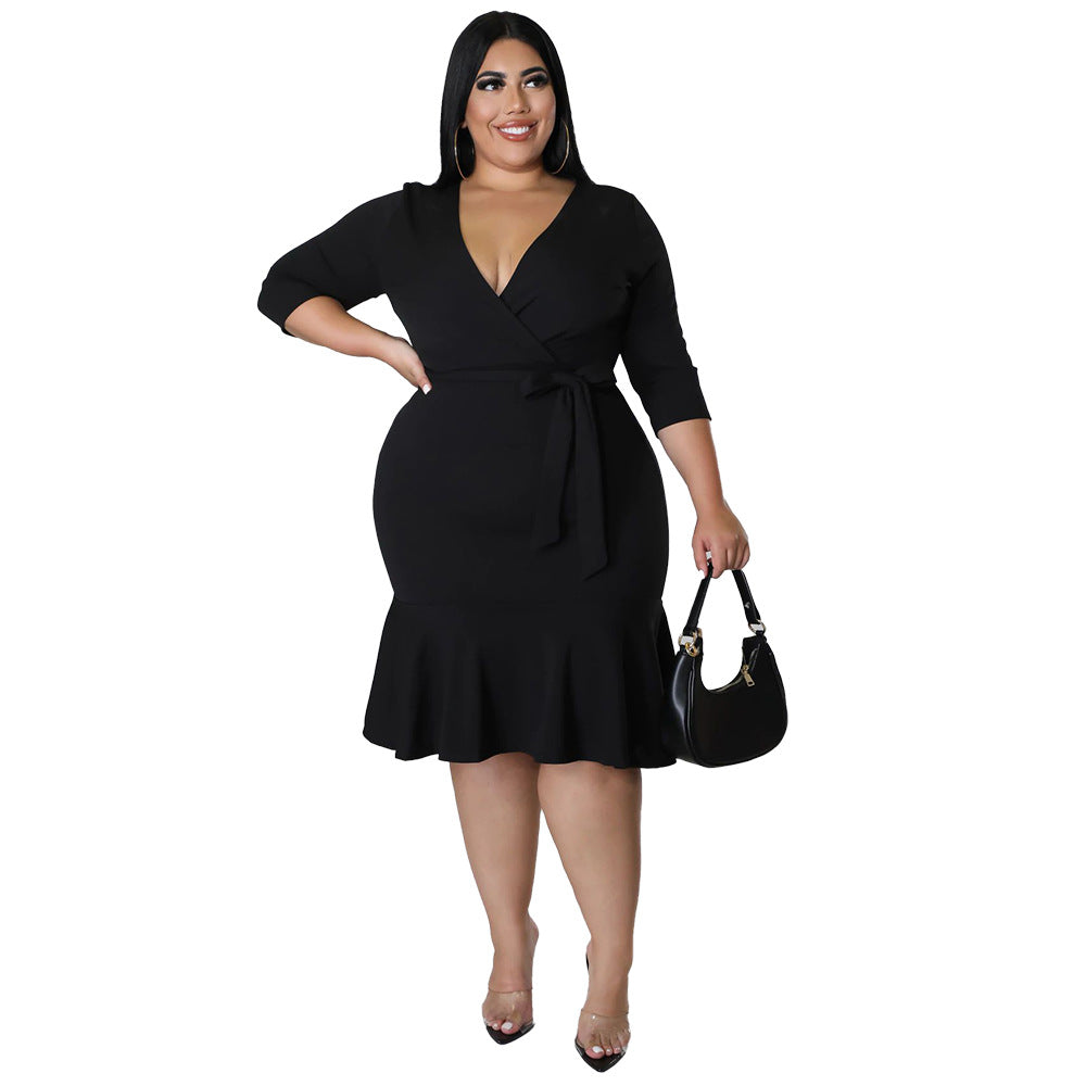 Sexy V-Neck Lace-Up Bodycon Dress With Ruffled Hem Plus-Size Women's Wear
