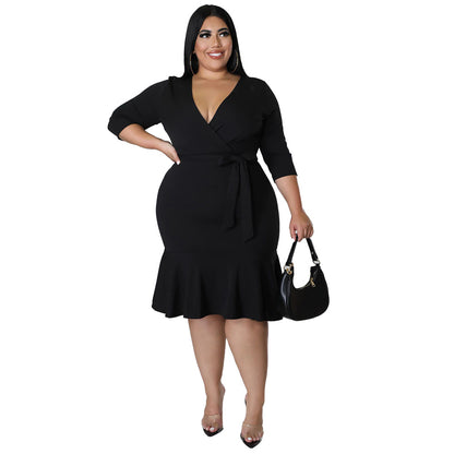 Sexy V-Neck Lace-Up Bodycon Dress With Ruffled Hem Plus-Size Women's Wear