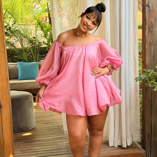 Women's Fashionable And Sexy Off-Shoulder Puff-Sleeve Dress With Boat Neck For Plus-Size Ladies