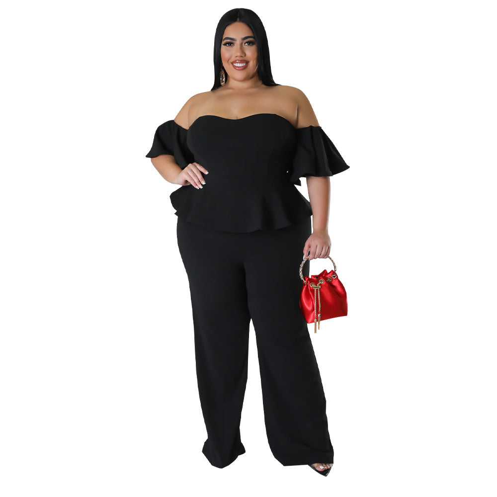 Sexy Off-shoulder Short-sleeve Wide-leg Stretch Jumpsuit