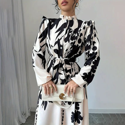 Women's Floral Print Long Sleeve Maxi Dress - Stand Collar A-Line Dress With Waist Detail, Lantern Sleeves & Ruffle Hem For Spring&Fall