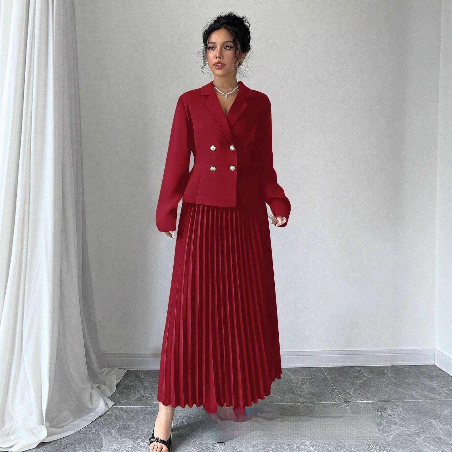 Womens Double-Breasted Top And Pleated Skirt Set