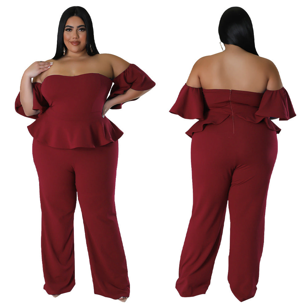 Sexy Off-shoulder Short-sleeve Wide-leg Stretch Jumpsuit
