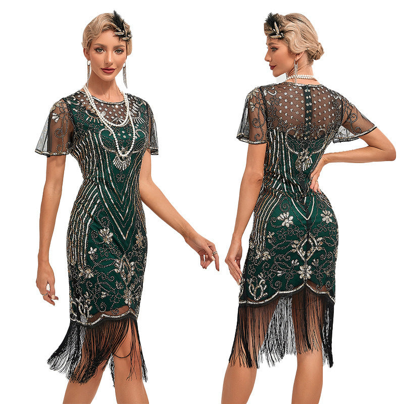 Womens Retro Party Sequin Tassel Dress