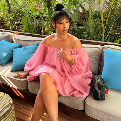 Women's Fashionable And Sexy Off-Shoulder Puff-Sleeve Dress With Boat Neck For Plus-Size Ladies