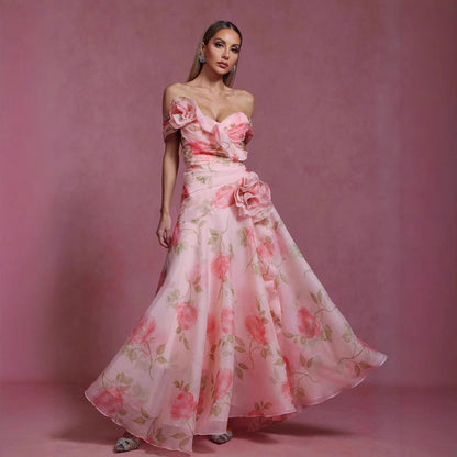 Retro Floral Waist-Cinching Casual Printed Off-Shoulder Dress