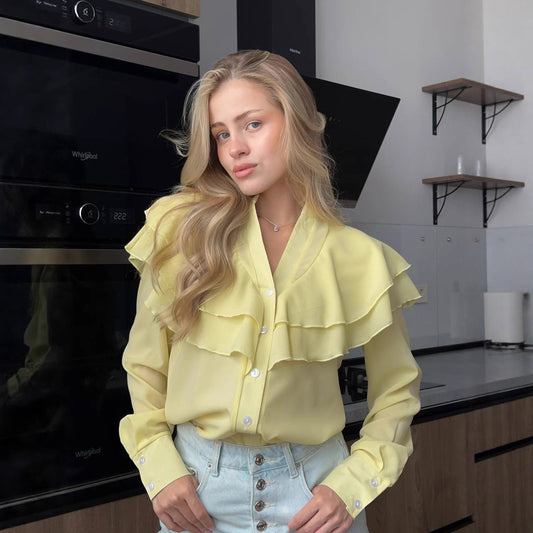 Casual Lotus Leaf V-neck Chiffon Women Temperament Shirt