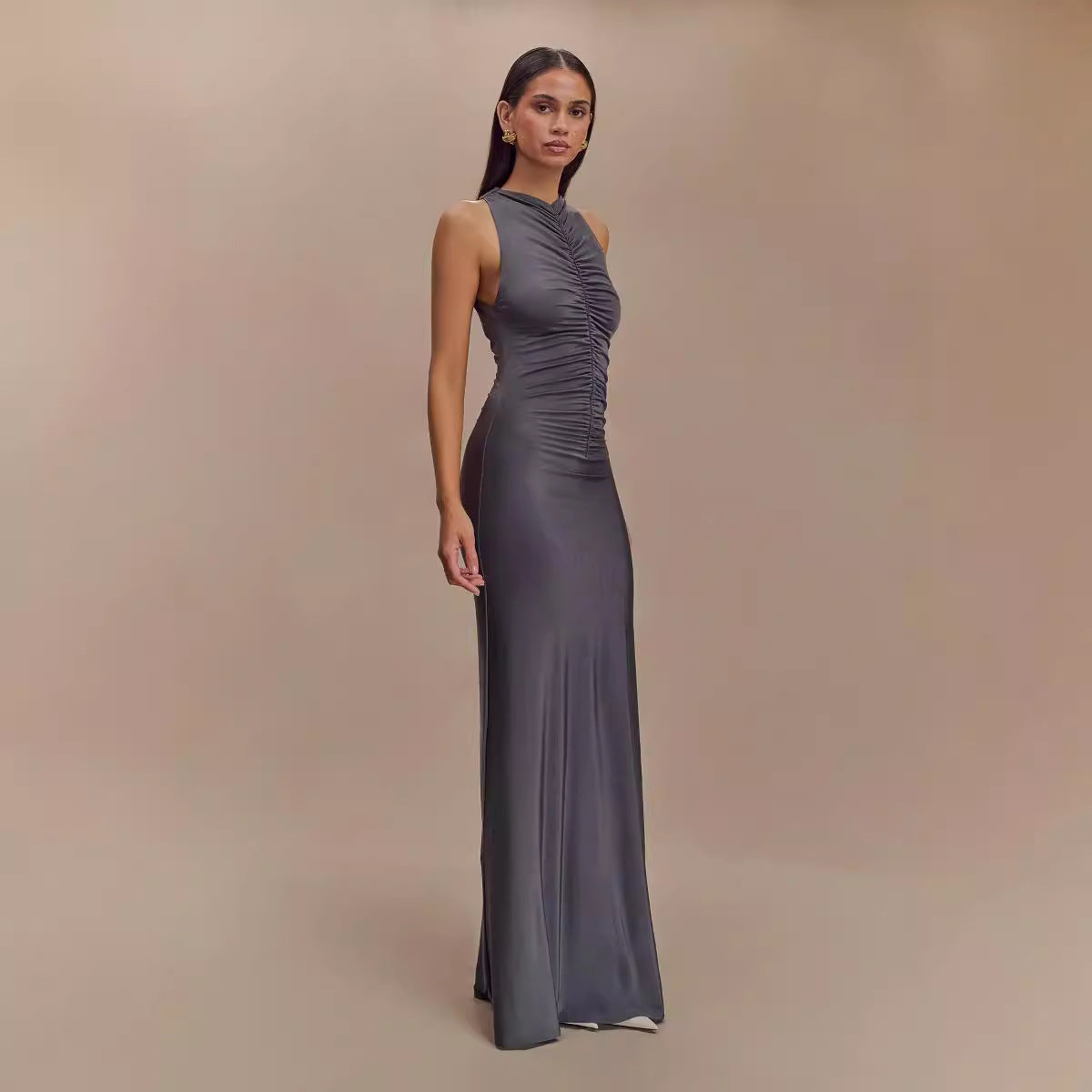 Sleeveless Pleated Elegant Solid-color Maxi Dress