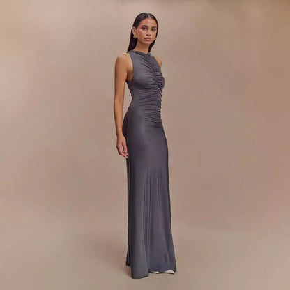 Sleeveless Pleated Elegant Solid-color Maxi Dress