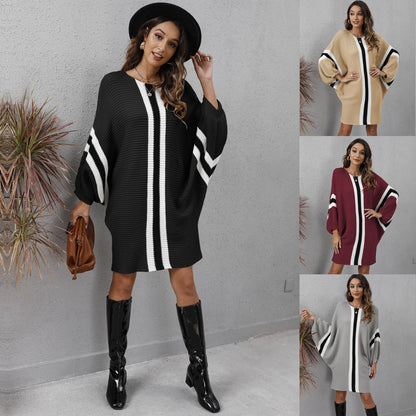Knit Sweater Loose Bat Sleeve Contrast Color Stitching Dress
