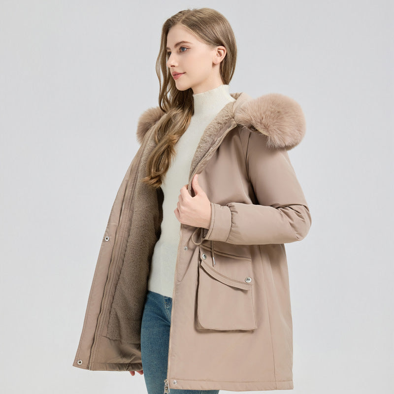 Winter Fur-Lined Hooded Parka Coat Mid-Length Down