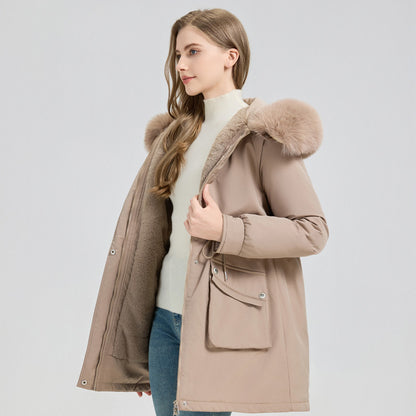 Winter Fur-Lined Hooded Parka Coat Mid-Length Down