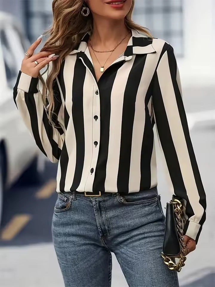 Womens Fashion Striped 3D-Printed Long-Sleeve Shirt
