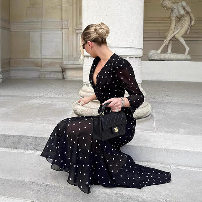 Elegant Mid-Length V-Neck Polka-Dot Waist-Cinched Dress