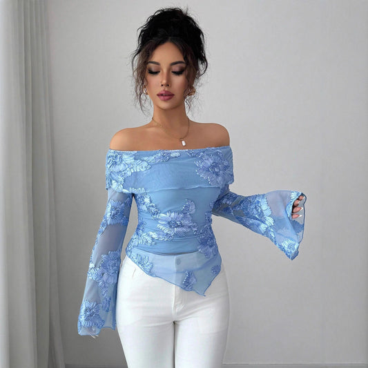 New One-shoulder Trumpet Sleeve Asymmetric Hem Embroidery Versatile Stylish Top