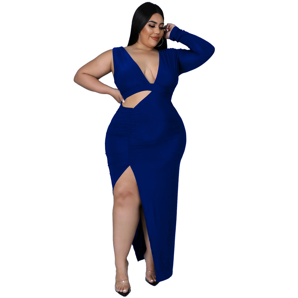 Solid-color Single-sleeve Sexy Hollow-out Maxi Dress