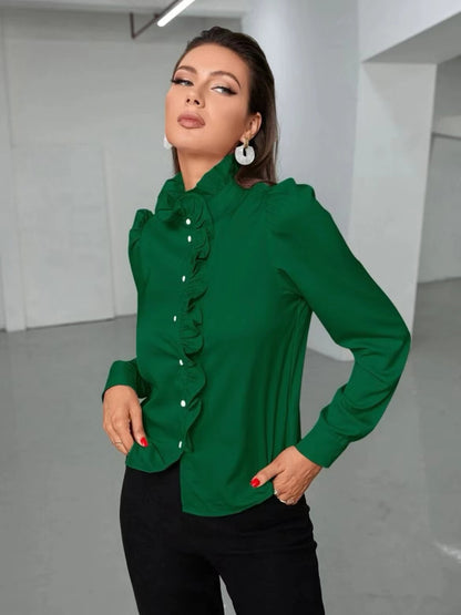 Solid Color Simple Long-sleeved Ruffle Straight Shirt