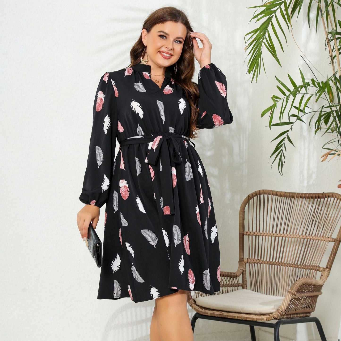 Printed Long Sleeve Waist-tight European And American Plus Size Dress