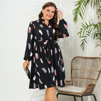 Printed Long Sleeve Waist-tight European And American Plus Size Dress