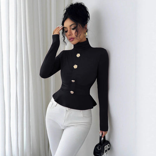 New Autumnwinter High-neck Pleated Top With A Figure-flattering Design