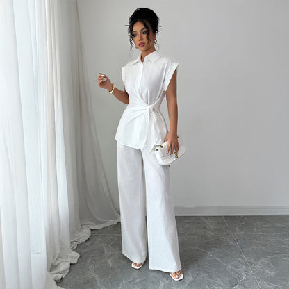 Womens Solid-Color Elegant High-End Short-Sleeve Vest And Pants Set