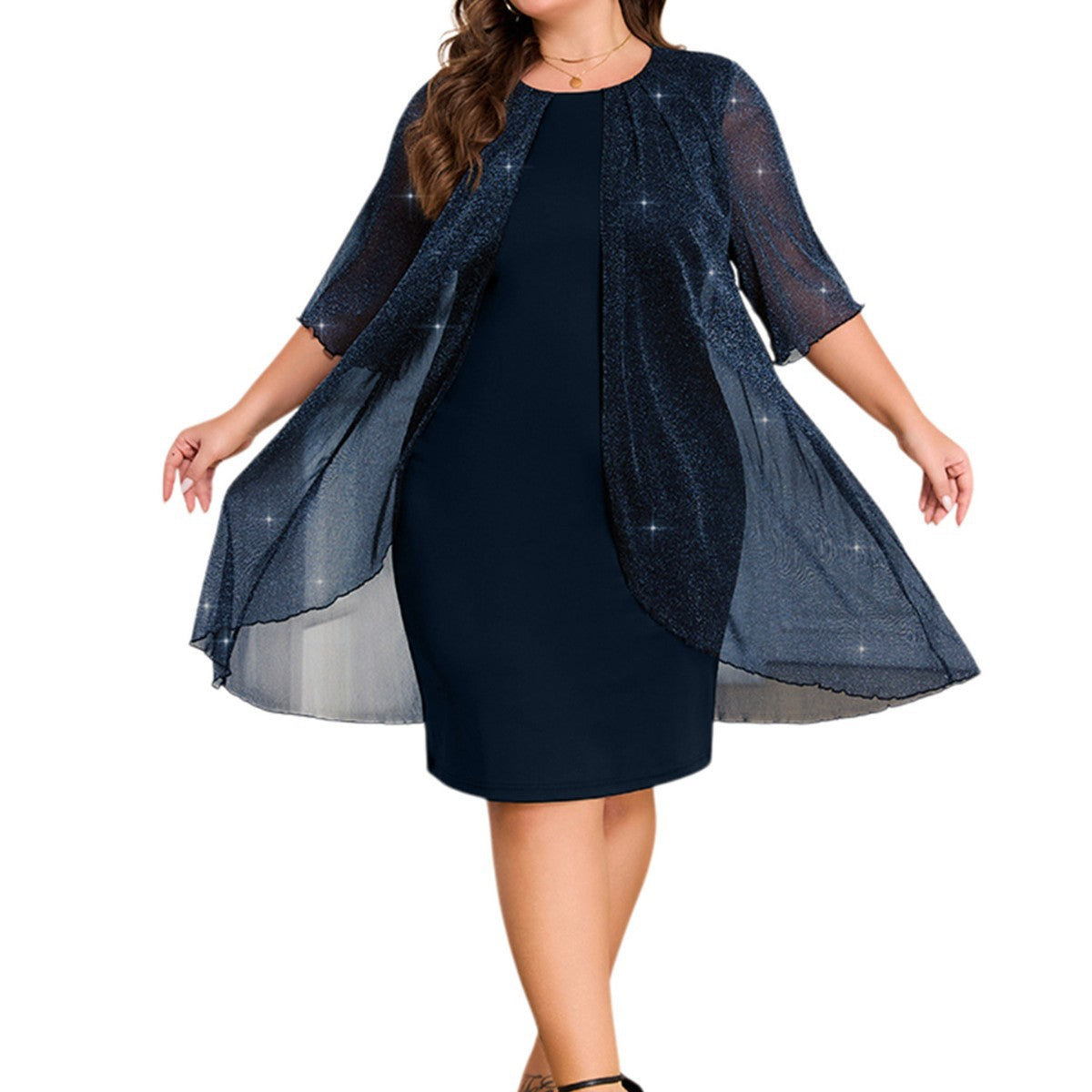 Plus Size Silver Shiny Mesh Elegant Dress